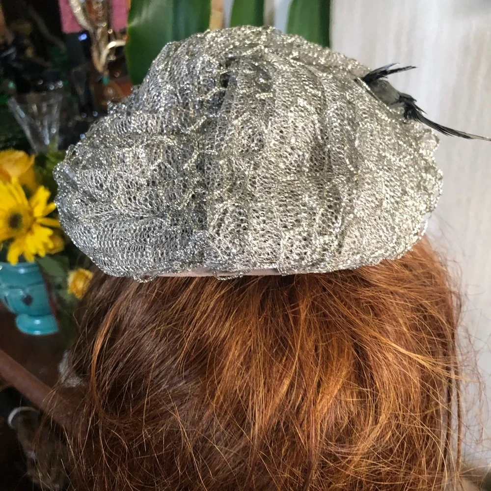 Antique Silver Metallic Hat w Birds - Picture 5 of 11